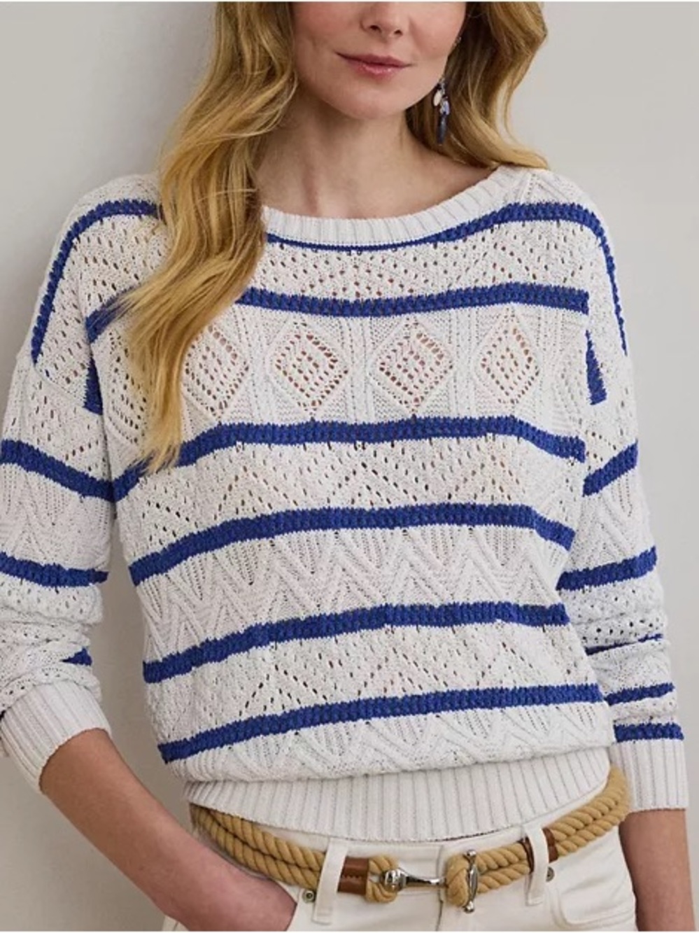 NWT Lauren Ralph Lauren Pointelle White Sweater with Blue Stripes, Size XL